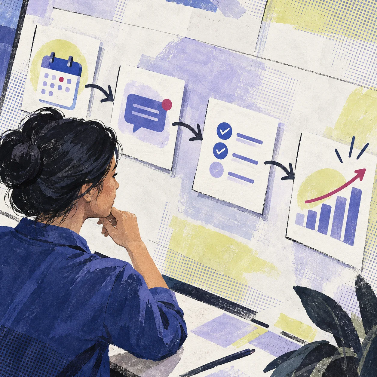 Ilustración de una operadora revisando un flujo de mensajes, tareas y resultados