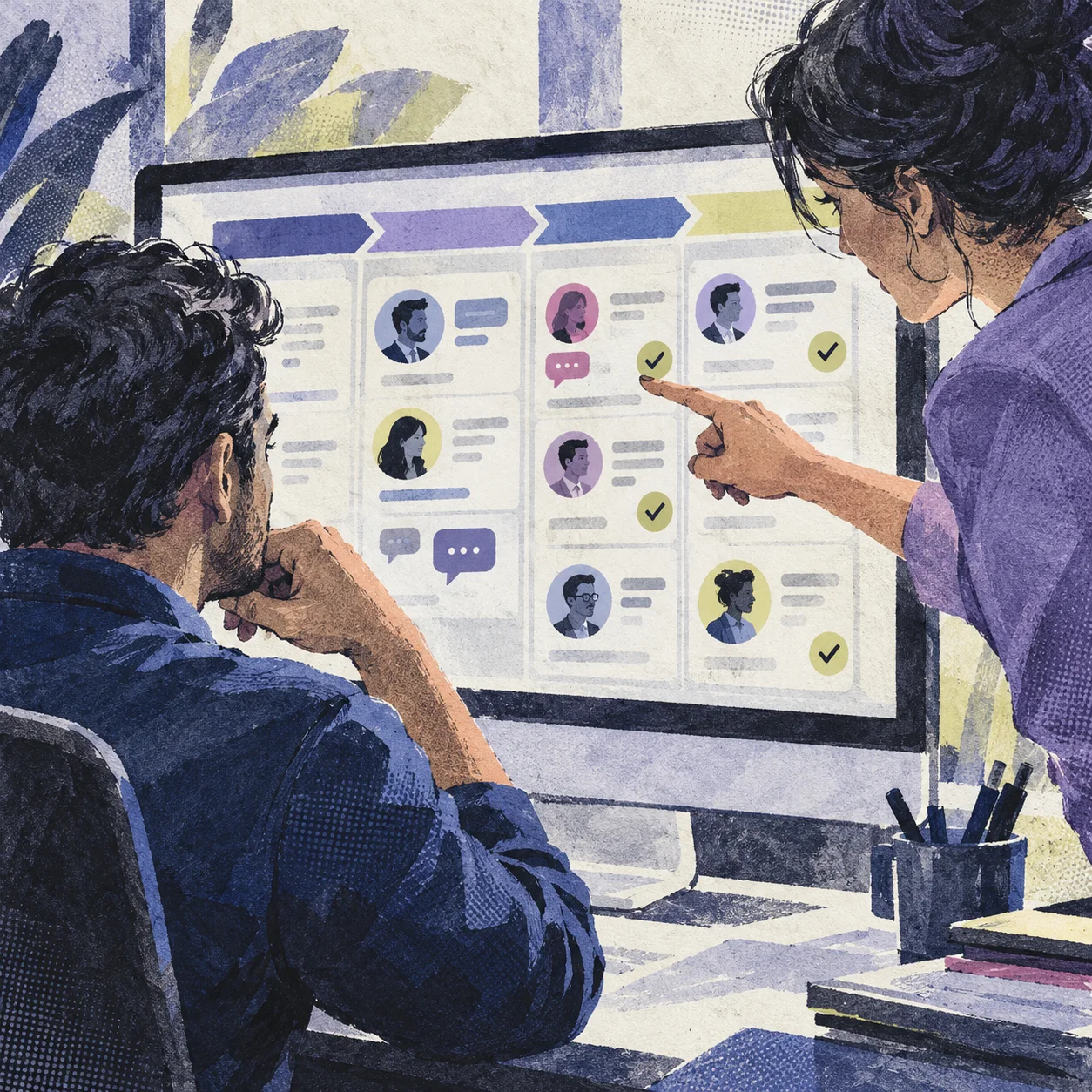 Ilustración de dos personas revisando fichas de clientes y oportunidades en un CRM