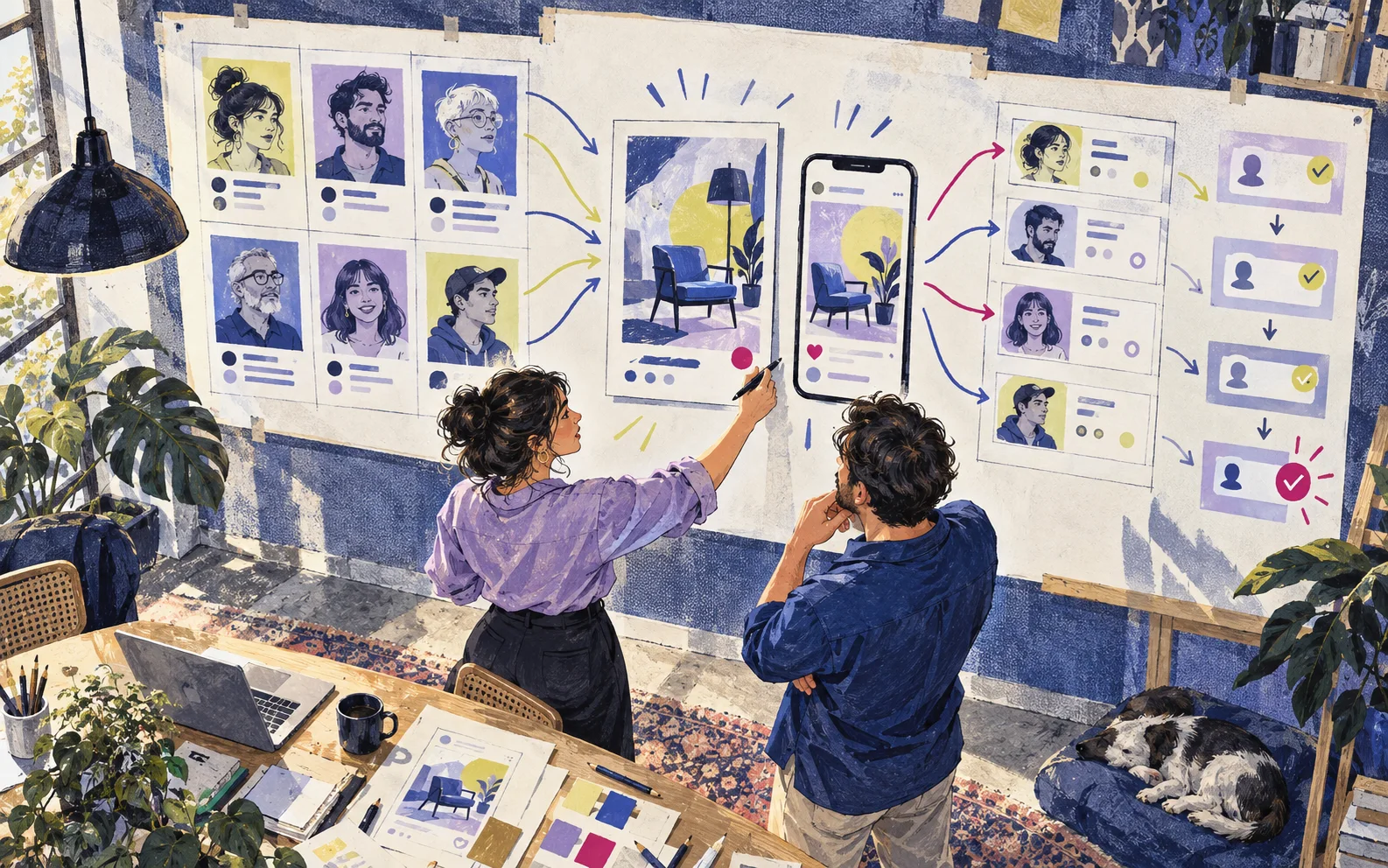 Ilustración de dos personas planificando una campaña con públicos, anuncios y seguimiento comercial